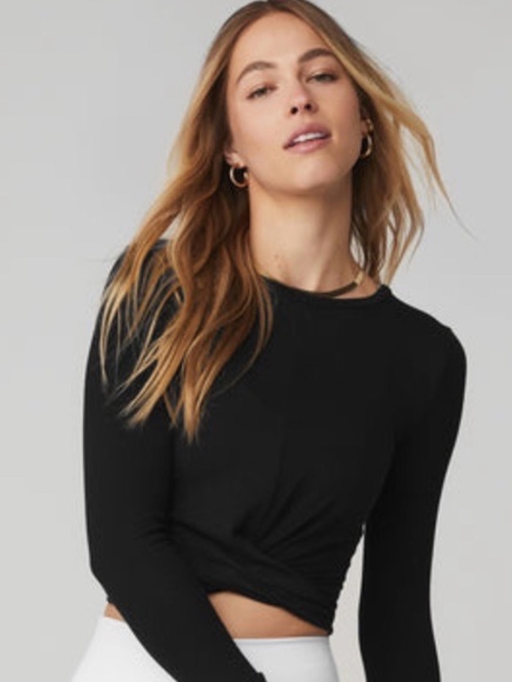 ALO Yoga Black Long-Sleeve Twist Hem Top